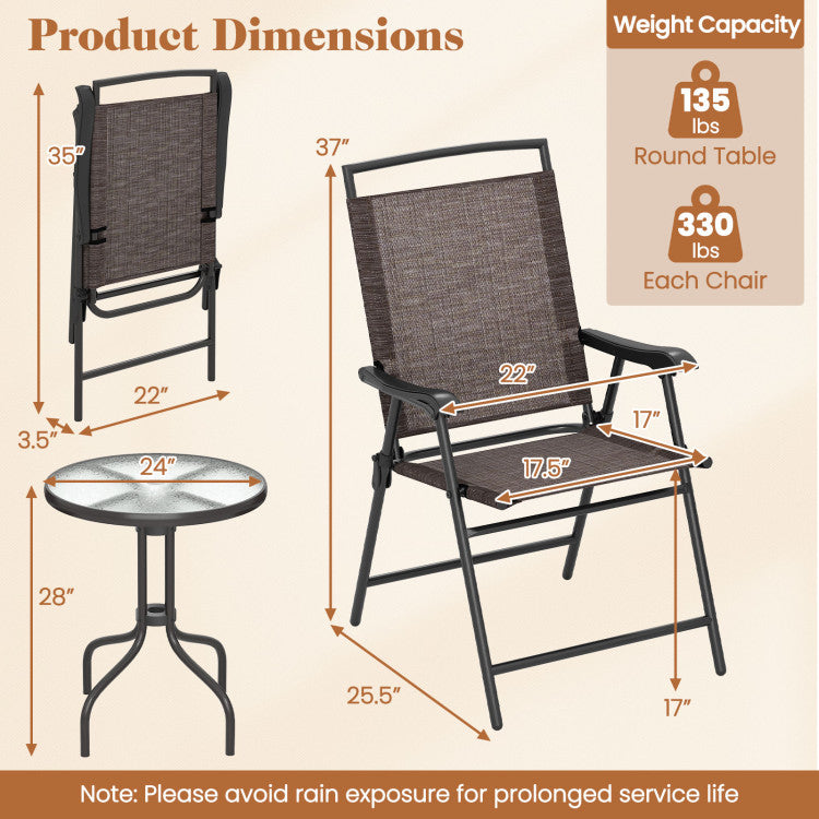 Outdoor 3 Pieces Patio Round Table and Folding Chairs Set with Rippled Tempered Glass Tabletop