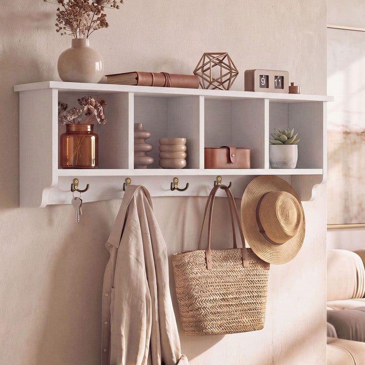 New Wall-Mounted Wooden Shelf Coat Rack with 4 Cubbies and 5 Double Hooks