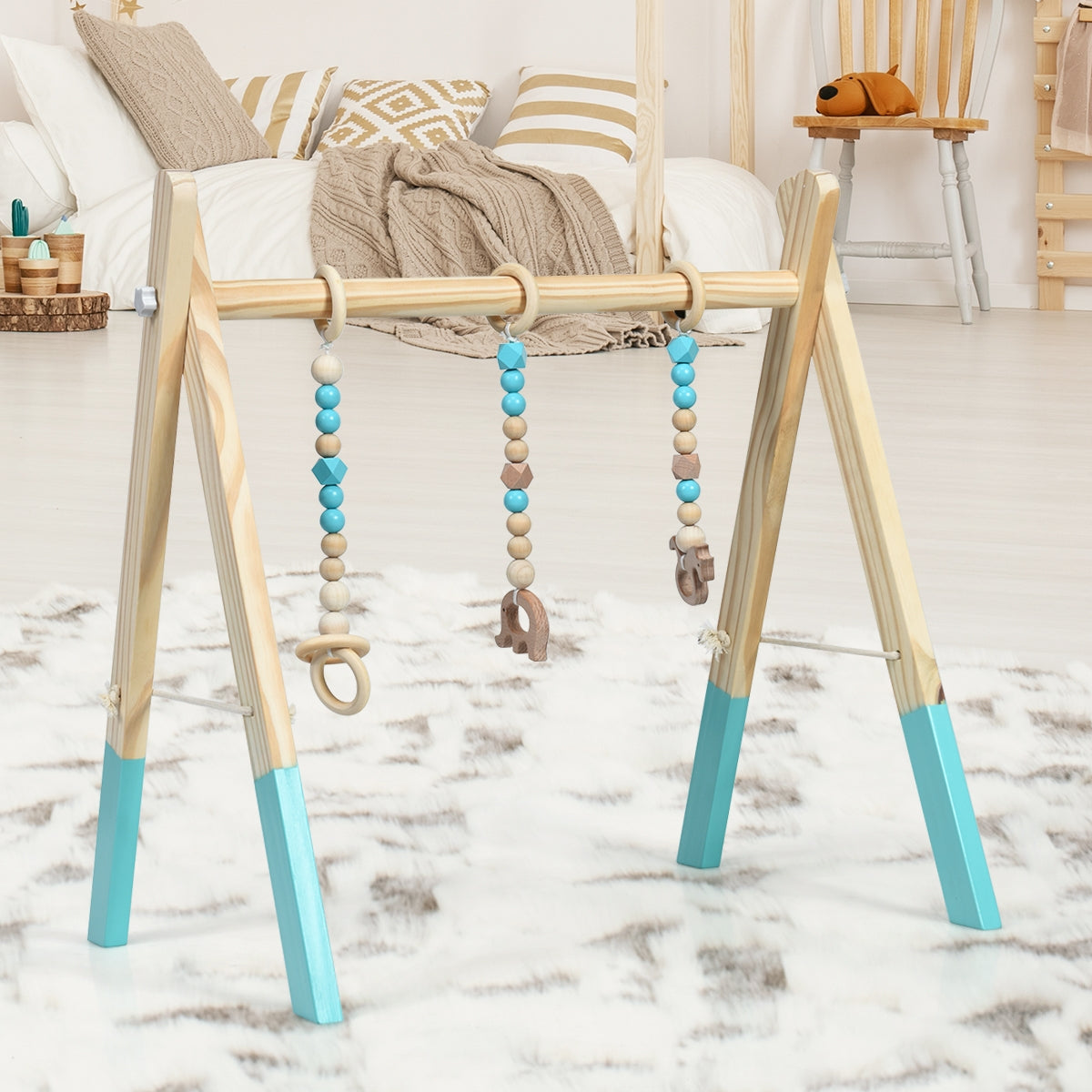 Wooden Baby Play Center with 3 Hanging Toys