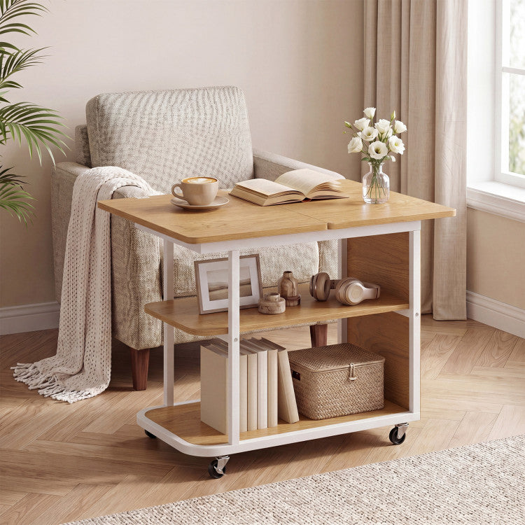 New Mobile Night Stand with Foldable Swivel Top and 2-Tier Shelf for Small Spaces