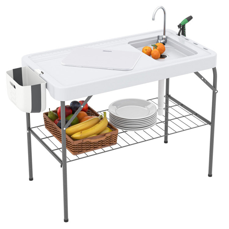 New Outdoor 2 in 1 Folding Fish Cleaning Table with Sink and Faucet for Patio BBQ