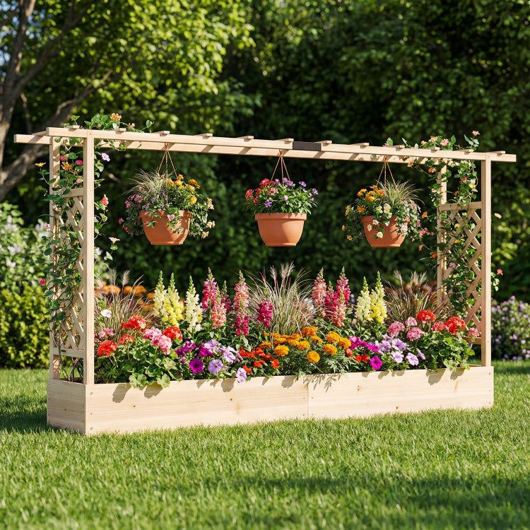 Outdoor 45 Inch Tall Wooden Raised Garden Bed with Side Trellis and Hanging Roof Drainage Holes