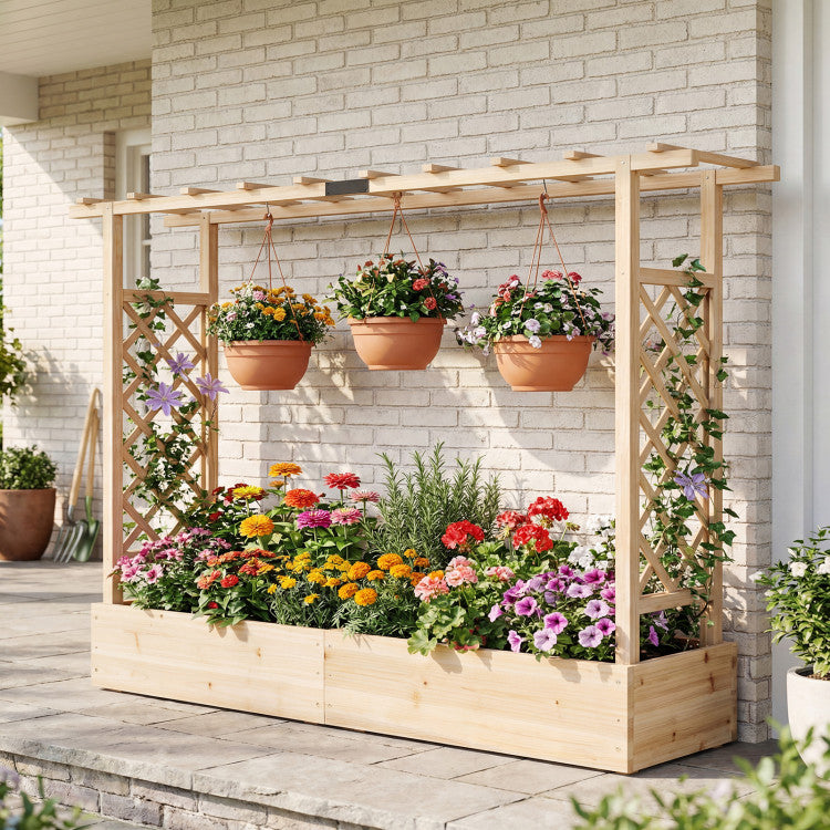 Outdoor 45 Inch Tall Wooden Raised Garden Bed with Side Trellis and Hanging Roof Drainage Holes