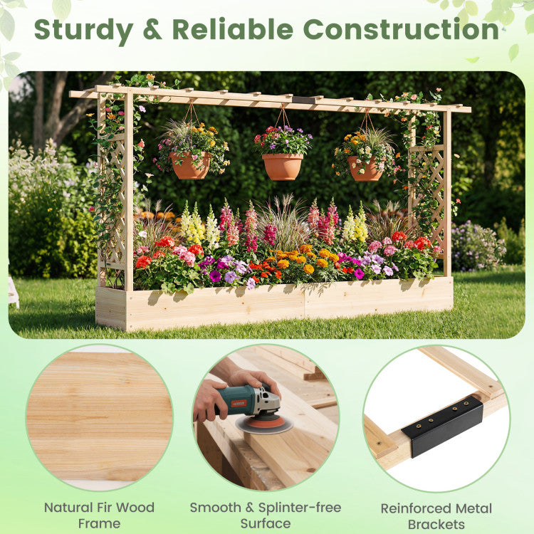 Outdoor 45 Inch Tall Wooden Raised Garden Bed with Side Trellis and Hanging Roof Drainage Holes
