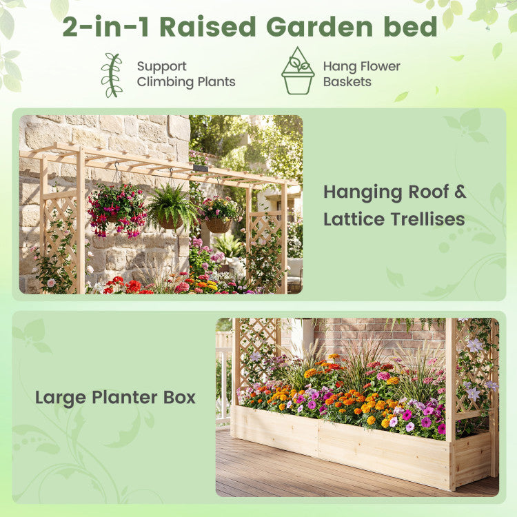 Outdoor 45 Inch Tall Wooden Raised Garden Bed with Side Trellis and Hanging Roof Drainage Holes