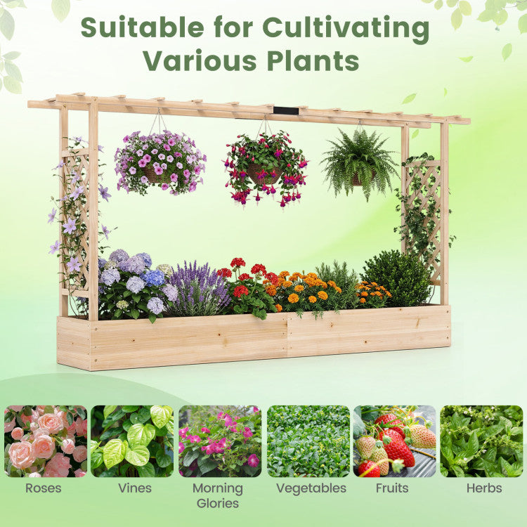 Outdoor 45 Inch Tall Wooden Raised Garden Bed with Side Trellis and Hanging Roof Drainage Holes