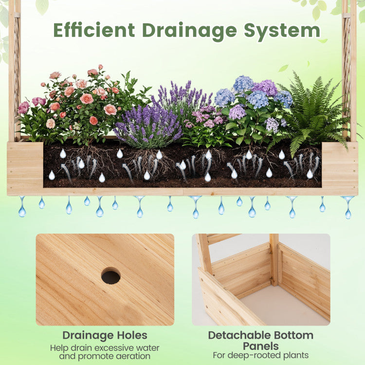 Outdoor 45 Inch Tall Wooden Raised Garden Bed with Side Trellis and Hanging Roof Drainage Holes
