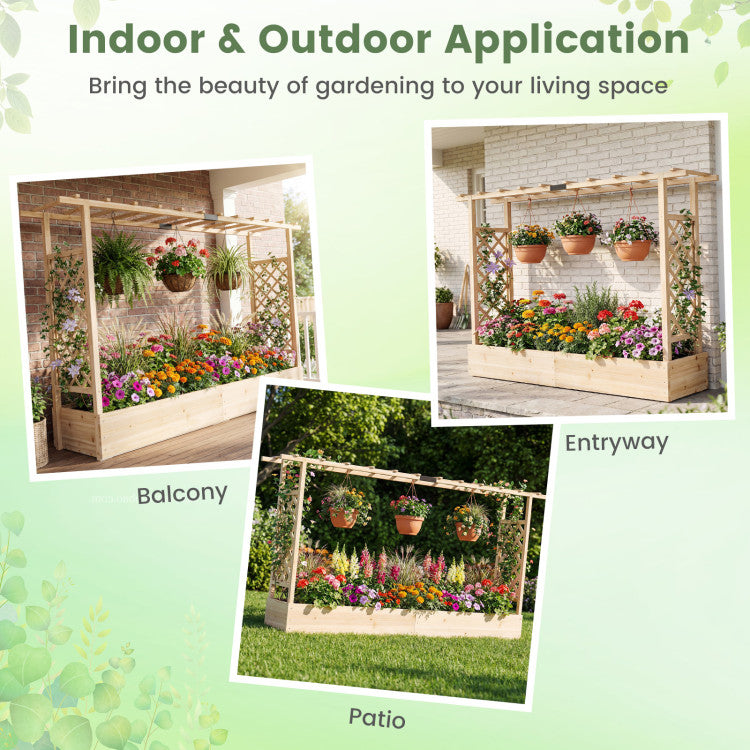 Outdoor 45 Inch Tall Wooden Raised Garden Bed with Side Trellis and Hanging Roof Drainage Holes