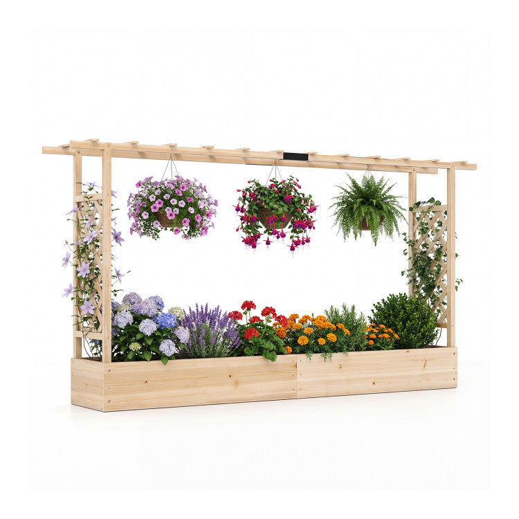 Outdoor 45 Inch Tall Wooden Raised Garden Bed with Side Trellis and Hanging Roof Drainage Holes
