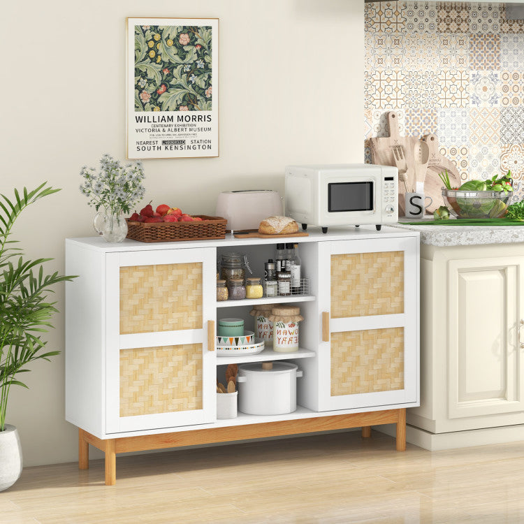 Home 48 Inch Sideboard Buffet Cabinet Floor Storage Cabinet with 2 Bamboo Woven Doors