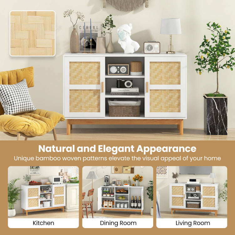 Home 48 Inch Sideboard Buffet Cabinet Floor Storage Cabinet with 2 Bamboo Woven Doors