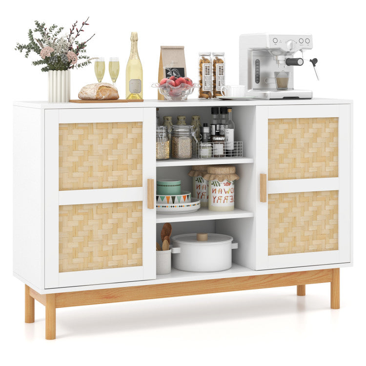 Home 48 Inch Sideboard Buffet Cabinet Floor Storage Cabinet with 2 Bamboo Woven Doors