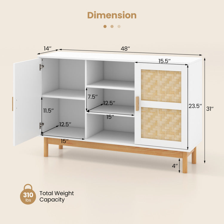Home 48 Inch Sideboard Buffet Cabinet Floor Storage Cabinet with 2 Bamboo Woven Doors