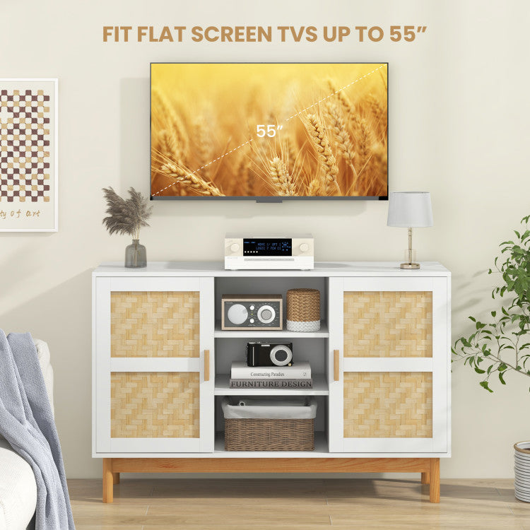 Home 48 Inch Sideboard Buffet Cabinet Floor Storage Cabinet with 2 Bamboo Woven Doors