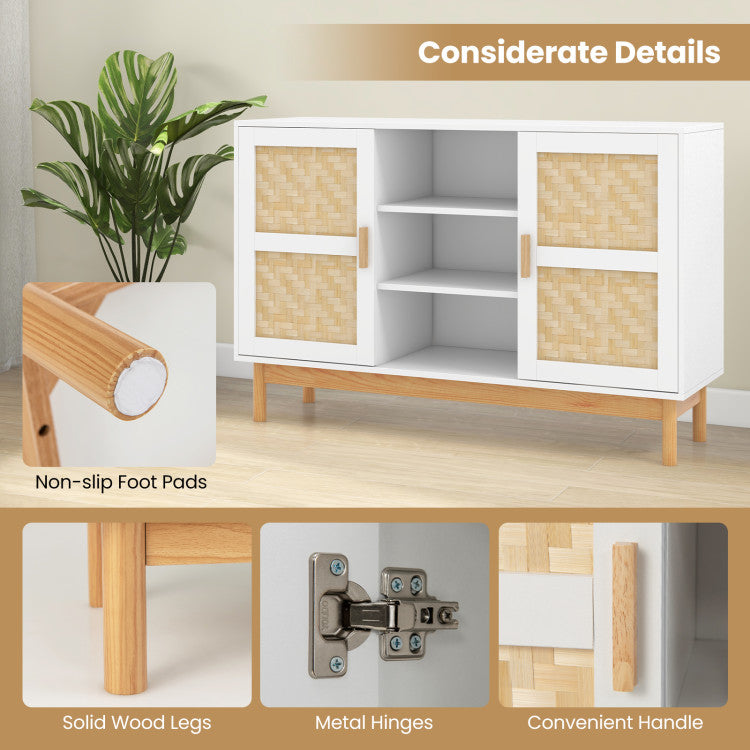 Home 48 Inch Sideboard Buffet Cabinet Floor Storage Cabinet with 2 Bamboo Woven Doors