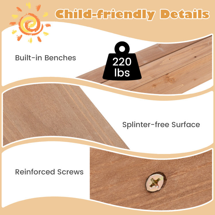 Outdoor Kids 49 x 48 Inch Kids Wooden Sandbox with Cover and 2 Bench Seats