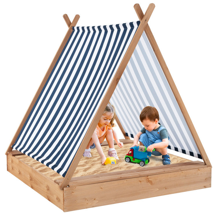 Outdoor Kids 49 x 48 Inch Kids Wooden Sandbox with Cover and 2 Bench Seats