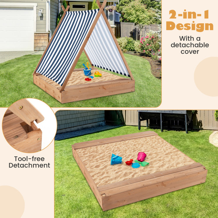Outdoor Kids 49 x 48 Inch Kids Wooden Sandbox with Cover and 2 Bench Seats