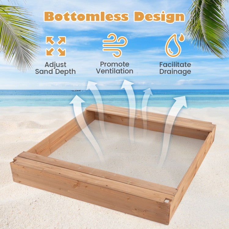 Outdoor Kids 49 x 48 Inch Kids Wooden Sandbox with Cover and 2 Bench Seats