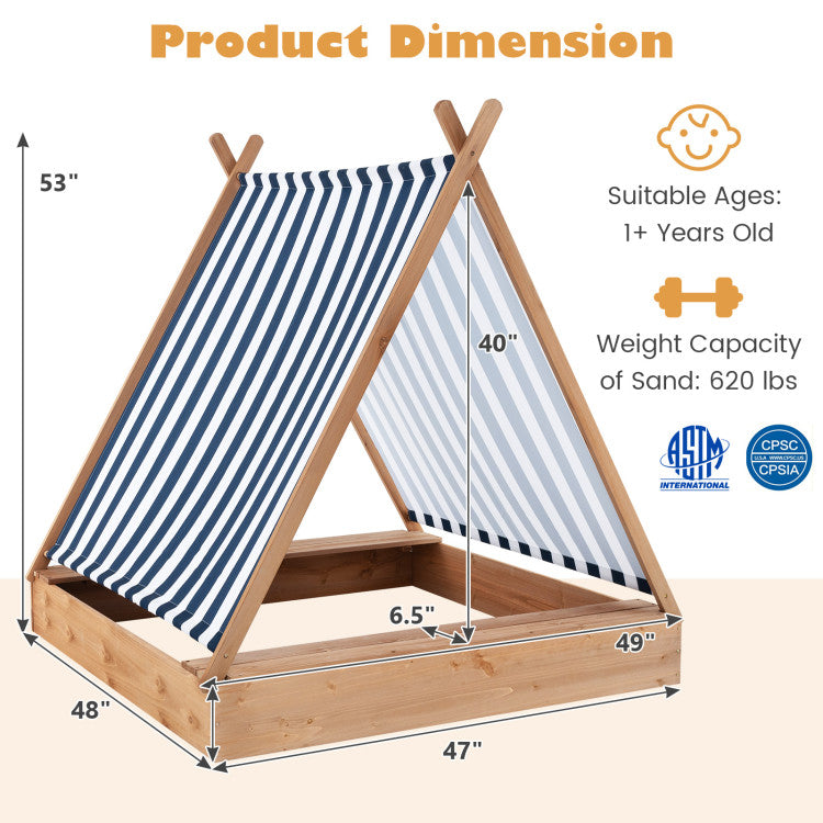 Outdoor Kids 49 x 48 Inch Kids Wooden Sandbox with Cover and 2 Bench Seats