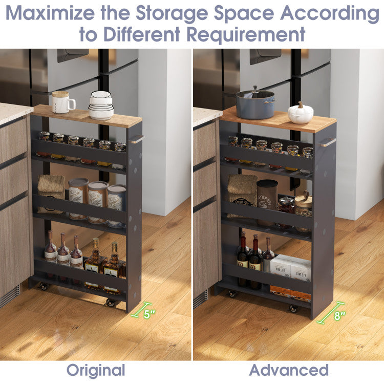 Modern 4-Tier Rolling Storage Cart Slim Kitchen Cart on Wheels with Open Shelves and Handle