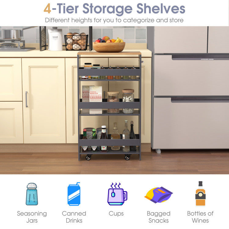 Modern 4-Tier Rolling Storage Cart Slim Kitchen Cart on Wheels with Open Shelves and Handle