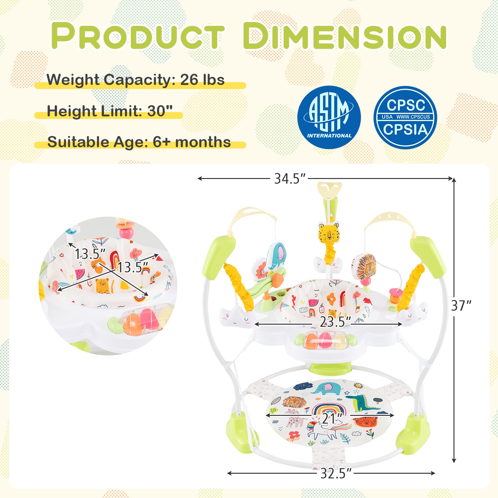 Baby Activity Center Height Adjustable Baby Bouncing Saucer with Interactive Toys