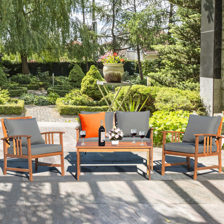 Outdoor 4 Pieces Wooden Patio Sofa Chair Set with Cushion