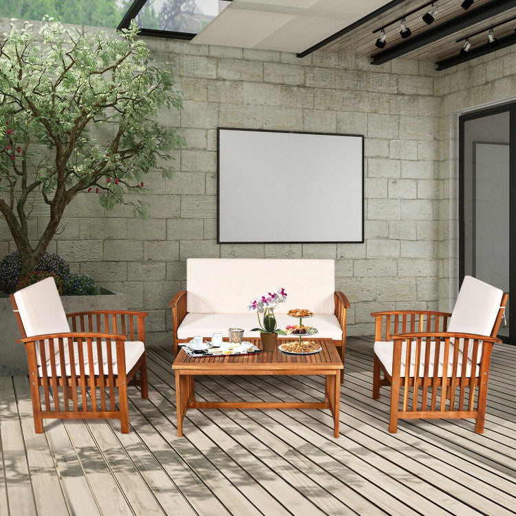 Outdoor Acacia Wood 4 Pieces Patio Solid Wood Furniture Set with Water Resistant Cushions