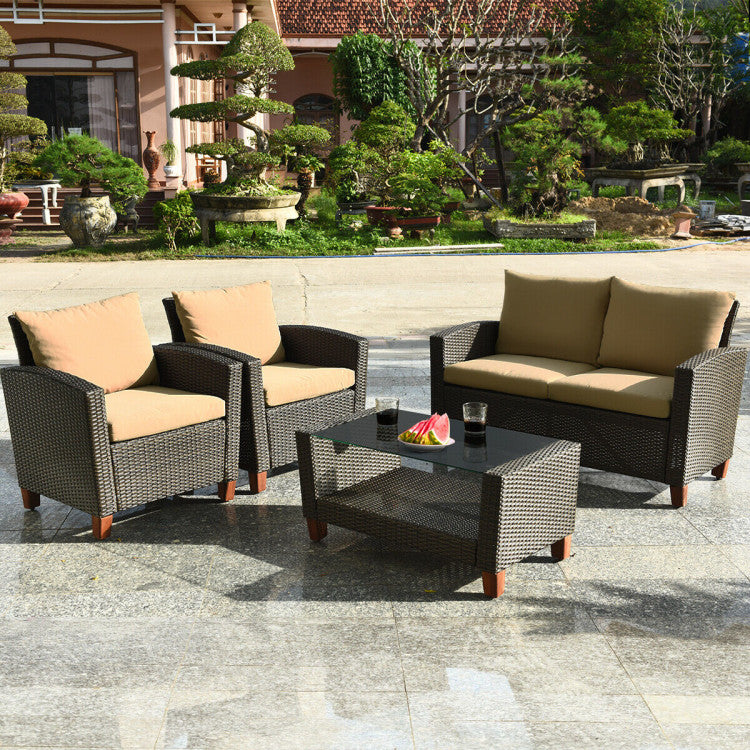 Outdoor 4 Pieces Patio Rattan Furniture Set with Cushions