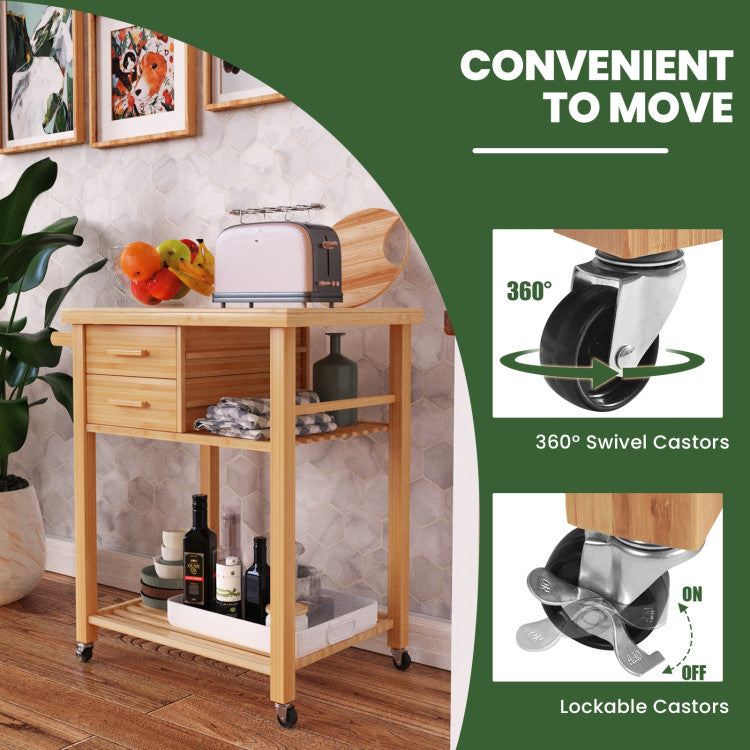 Modern Bamboo Kitchen Trolley Cart with Tower Rack and Drawers