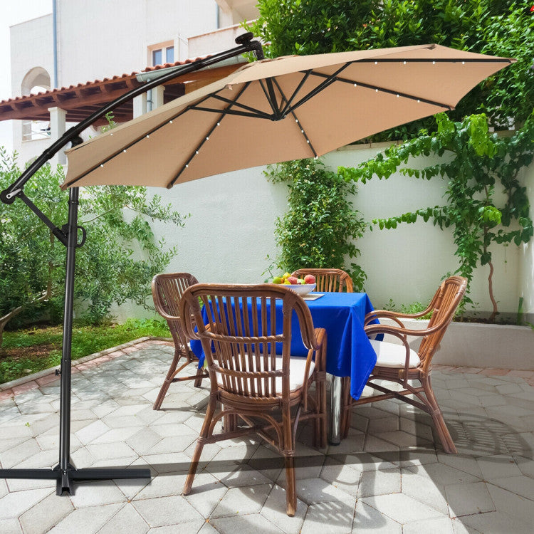 Outdoor 10 Feet 360° Rotation Solar Powered LED Patio Offset Umbrella without Weight Base