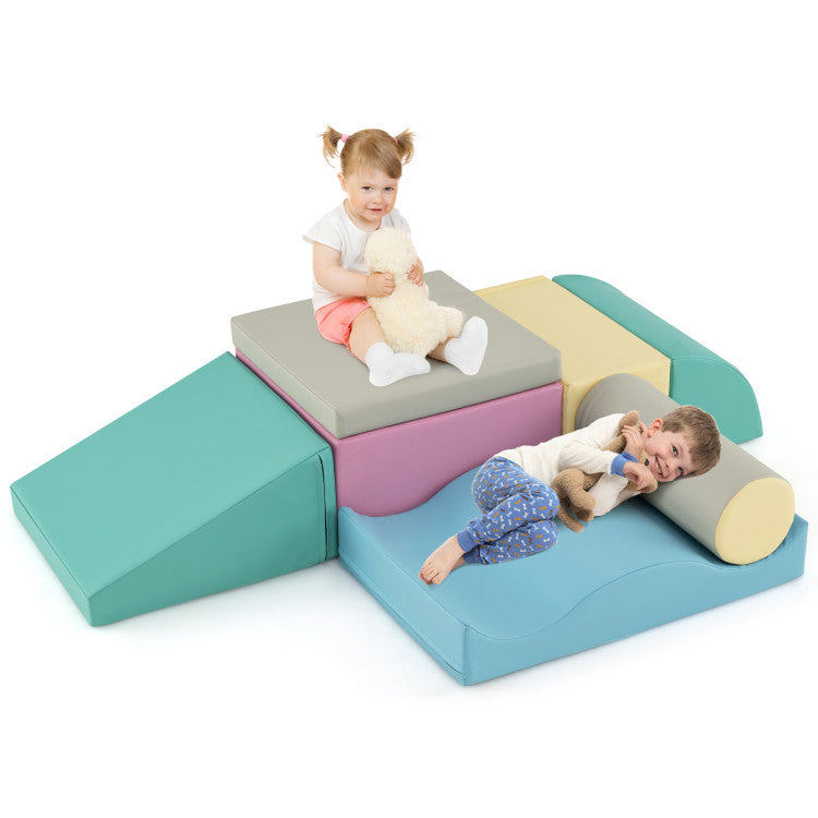 7-Piece Soft Play Equipment with Zippered PU Cover Indoor Foam Climbing Blocks