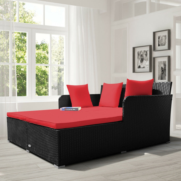 Outdoor Spacious Outdoor Rattan Daybed with Upholstered Cushions and Pillows