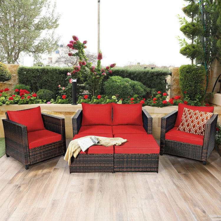 Outdoor 5 Pieces Patio Rattan Furniture Set with Removable Cushions