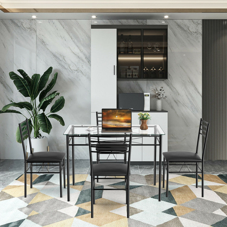 Modern 5 Pieces Dining Set with Tempered Glass Top Table and 4 Upholstered Chairs