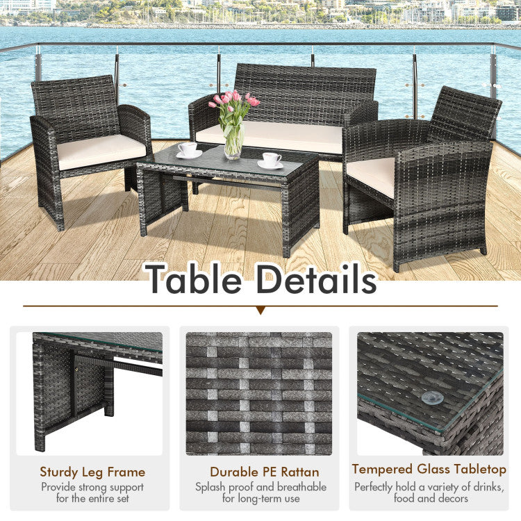 Outdoor 4 Pieces Patio Rattan Furniture Set with Glass Table and Loveseat