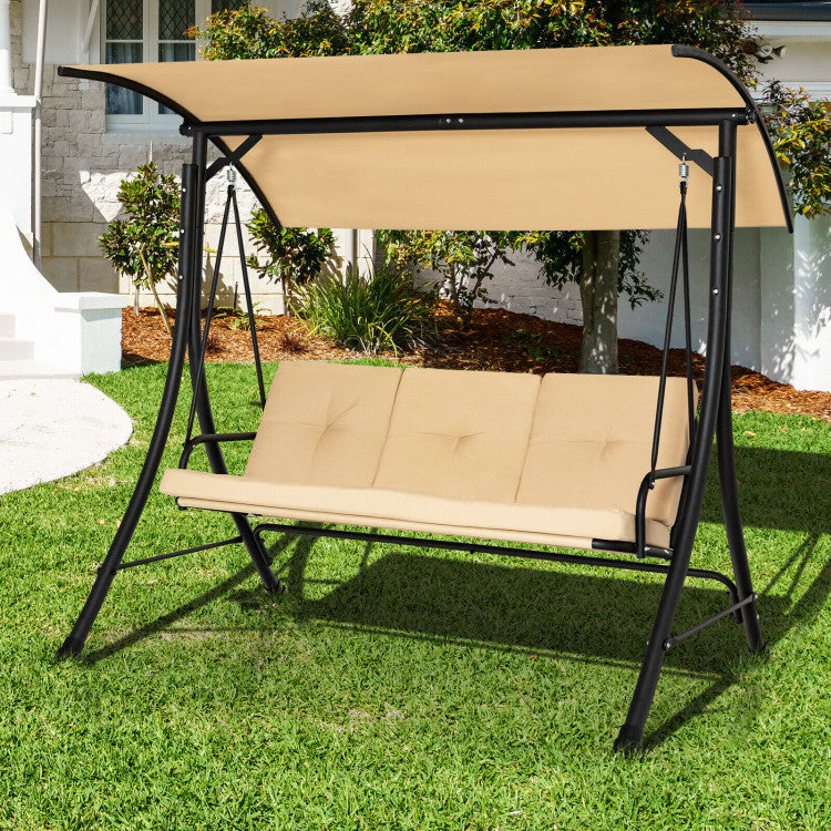 Outdoor 3-Seat Outdoor Porch Swing with Adjustable Canopy and Padded Cushions