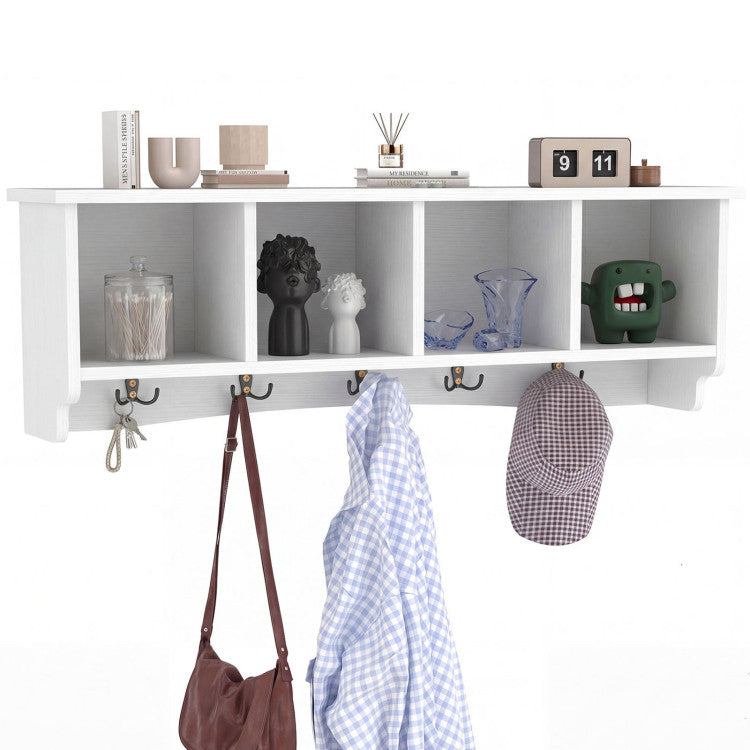 New Wall-Mounted Wooden Shelf Coat Rack with 4 Cubbies and 5 Double Hooks