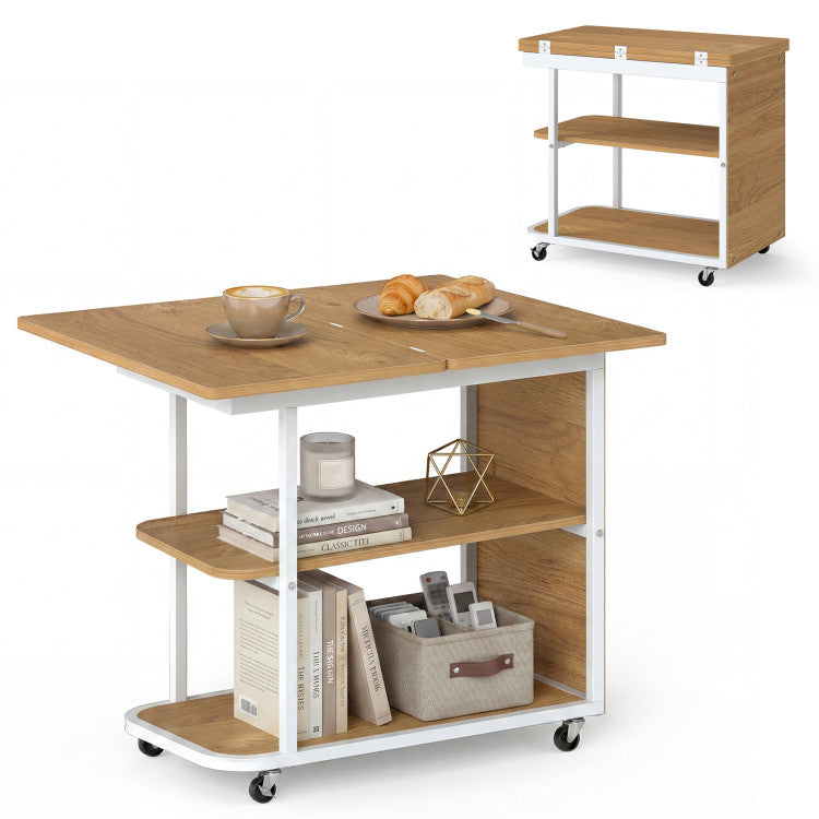 New Mobile Night Stand with Foldable Swivel Top and 2-Tier Shelf for Small Spaces
