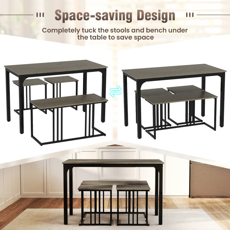 Modern 4 Pieces Space-Saving Dining Table Set with Bench and 2 Stools