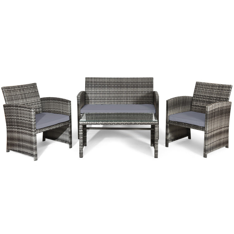 Outdoor 4 Pieces Patio Rattan Furniture Set with Glass Table and Loveseat