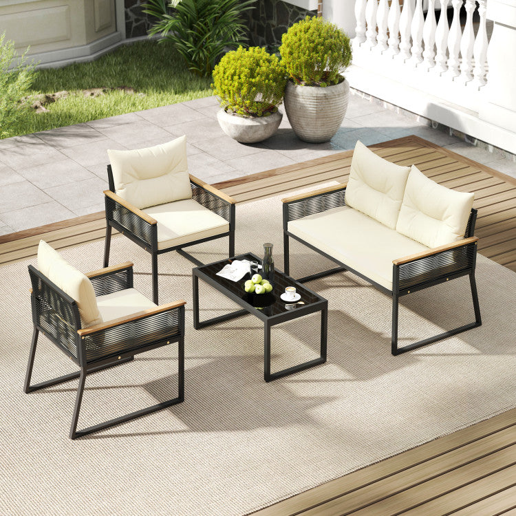 Outdoor 4 Pieces Patio Furniture Set Outdoor Conversation Set with Tempered Glass Coffee Table
