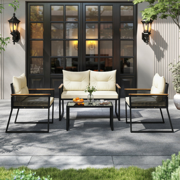 Outdoor 4 Pieces Patio Furniture Set Outdoor Conversation Set with Tempered Glass Coffee Table