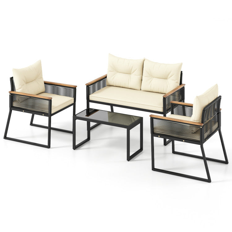 Outdoor 4 Pieces Patio Furniture Set Outdoor Conversation Set with Tempered Glass Coffee Table