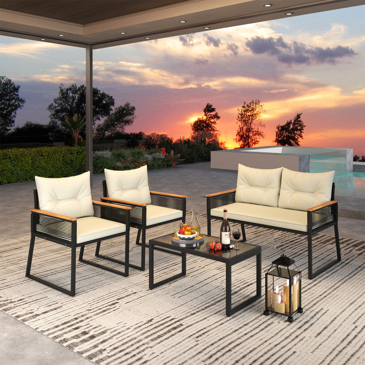 Outdoor 4 Pieces Patio Furniture Set Outdoor Conversation Set with Tempered Glass Coffee Table