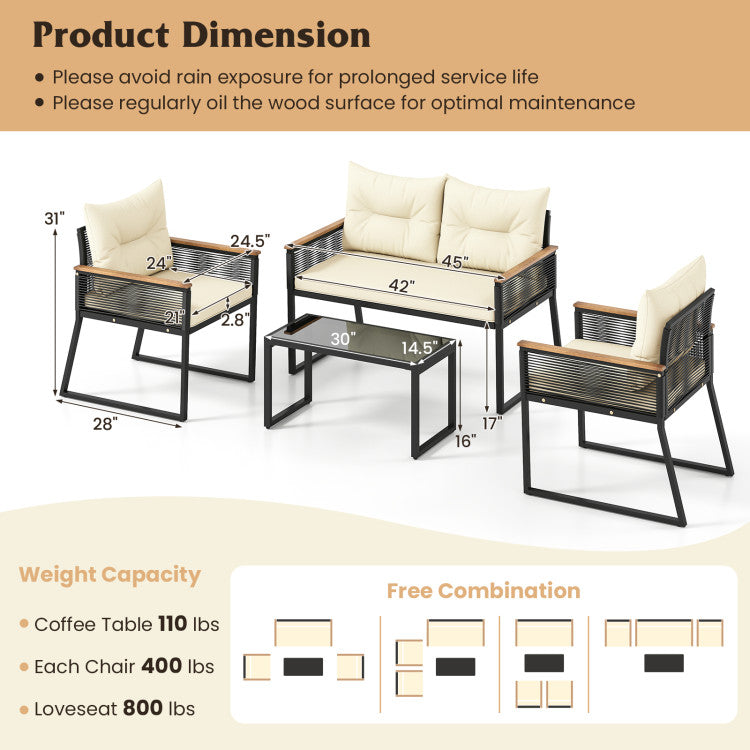 Outdoor 4 Pieces Patio Furniture Set Outdoor Conversation Set with Tempered Glass Coffee Table