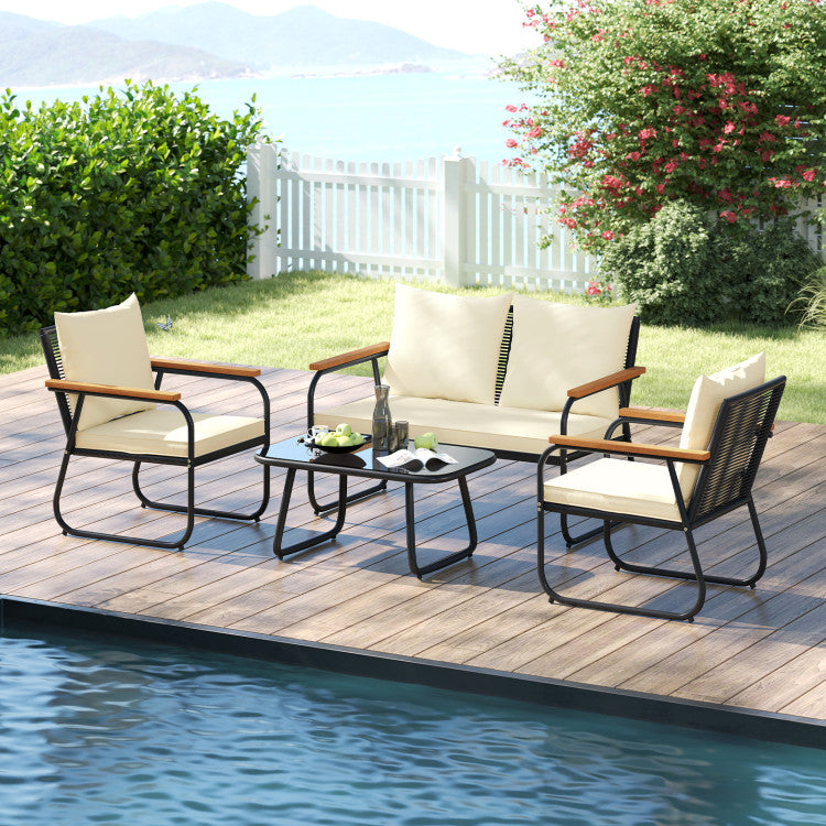 Outdoor 4 Pieces Patio Furniture Set with Tempered Glass Coffee Table