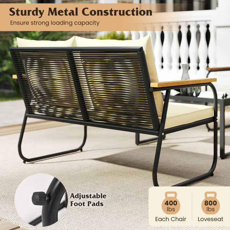 Outdoor 4 Pieces Patio Furniture Set with Tempered Glass Coffee Table