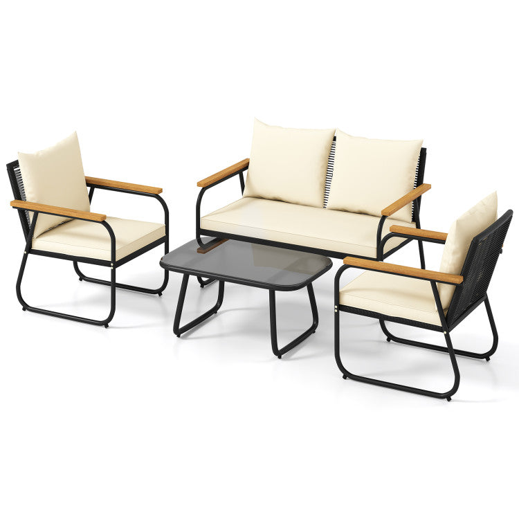 Outdoor 4 Pieces Patio Furniture Set with Tempered Glass Coffee Table